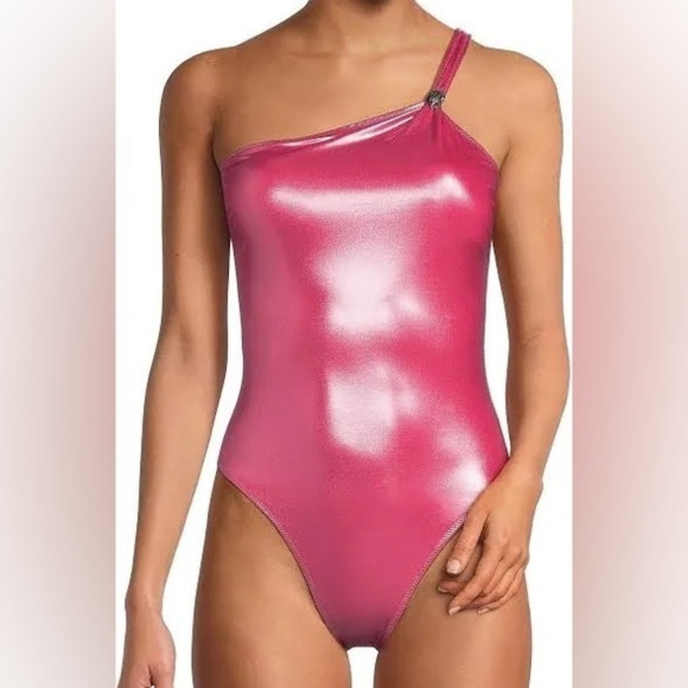 Kurt Geiger Shiny Fuchsia One-Shoulder One-Piece Swimsuit